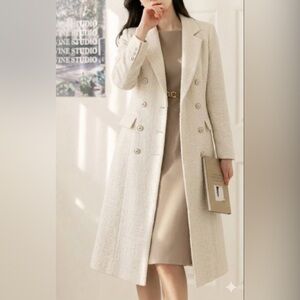 Elegant Cream Double-Breasted Women's Tweed Coat Dress
